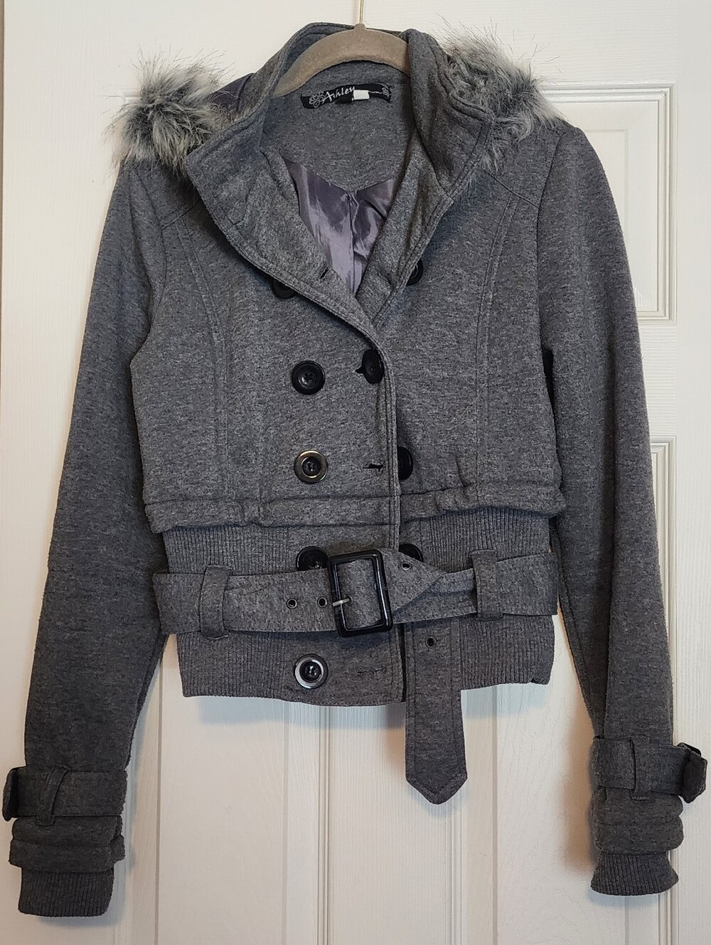 Gray Hooded Belted Cropped Pea Coat with Faux Fur Trim